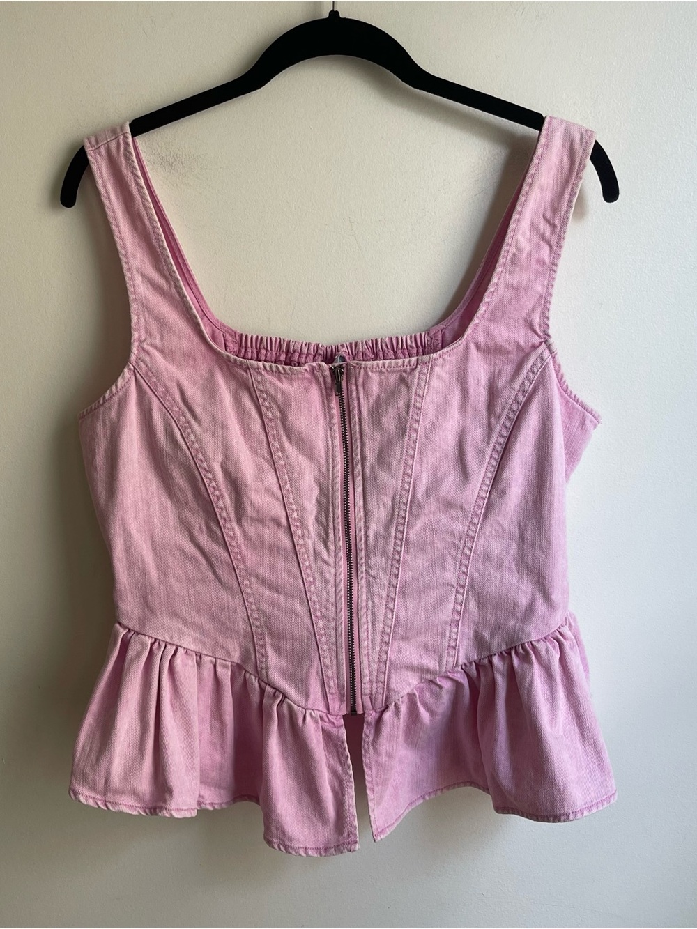 Future Collective Pink Denim Corset Tank Top Zip Ruffle Smocked Peplum Medium